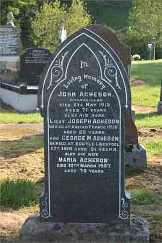 Gravestone of John and Maria Acheson commmorating also their sons 2Lt Joseph Acheson and William John Acheson.